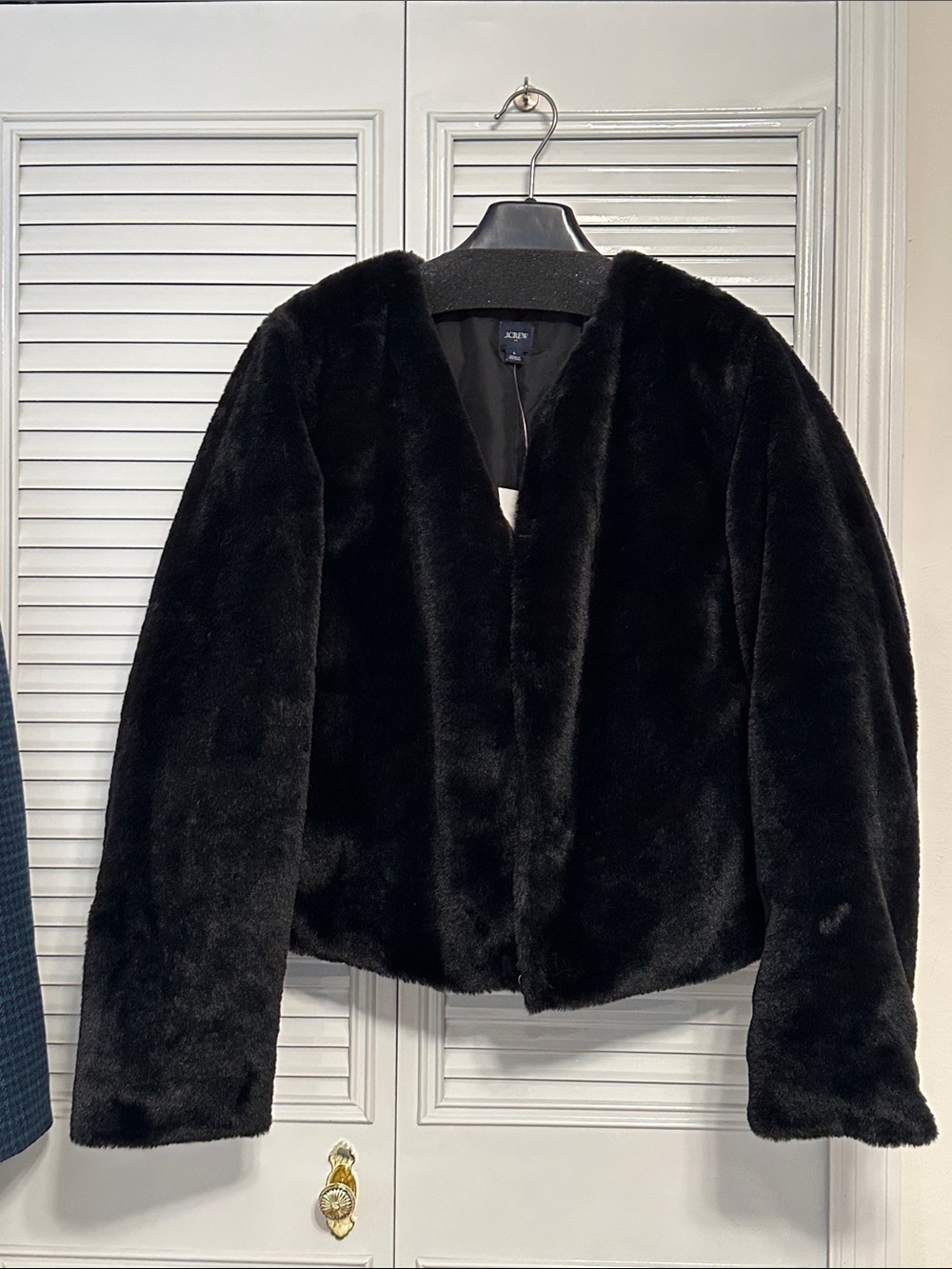 Black Plush Faux-Fur Jacket — Cropped Crew Neck Coat J. Crew Factory Size L